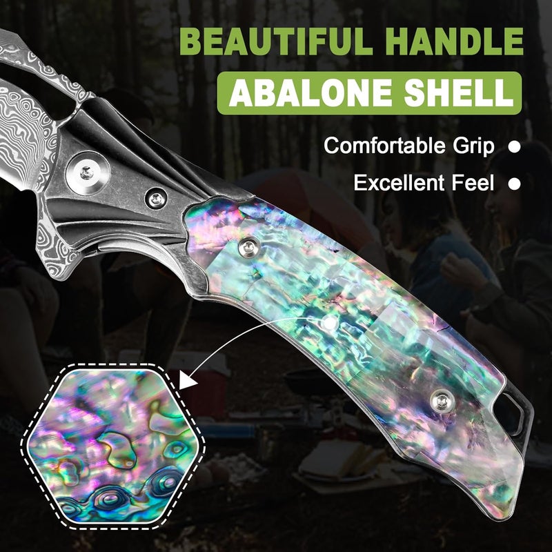 Zingbee Damascus Pocket Knife for Women, 3.15" VG10 Damascus Steel Blade EDC Folding Knife with Sheath, Abalone Shells Handle, Ideal Gifts for Woman Men - Image 4